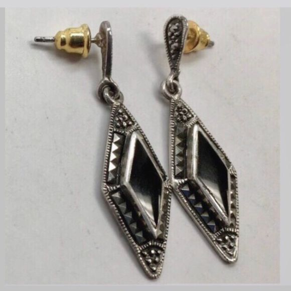 Sterling Silver Marcasite Onyx Drop VTG Earrings - Picture 10 of 14